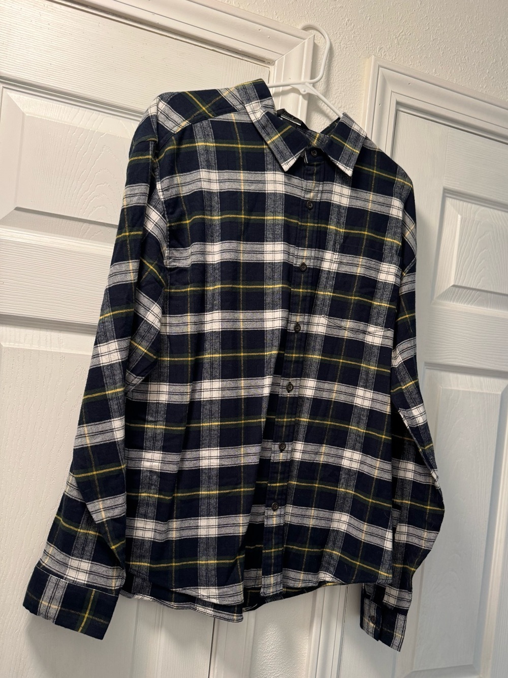 Eddie Bauer Navy, White & Yellow Plaid Button-Up Shirt